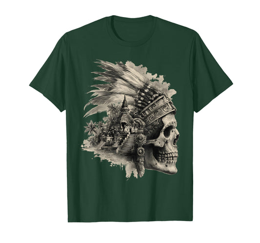 Feathered Aztec Skull Maya Mexican Mayan Indigenous Azteca T-Shirt