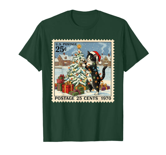 Christmas Xmas Tuxedo Cat Lover Vintage Postage 25 Cents T-Shirt