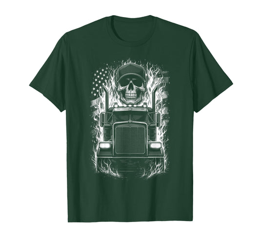 Trucker Patriotic American Flag Semi Truck Driver Skull T-Shirt