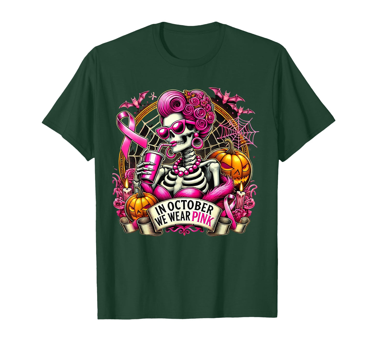 In October We Wear Pink Skull Messy Bun Glasses Halloween T-Shirt