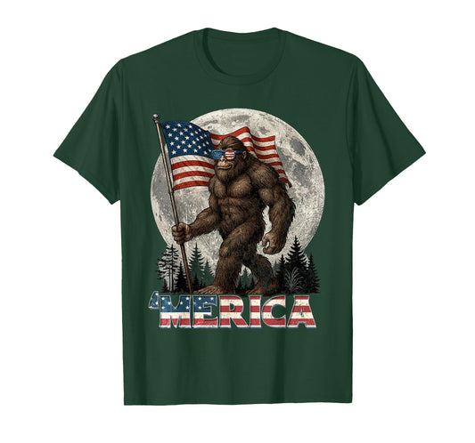Bigfoot Merica Rock American Flag Patriotic 4th Of July T-Shirt