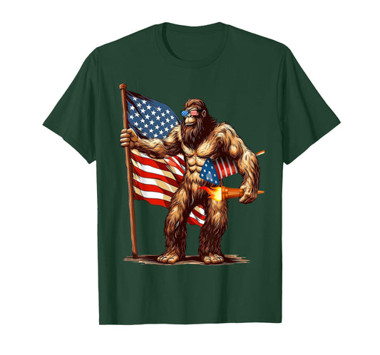 Bigfoot Fireworks 4th of July Men Sasquatch American US Flag T-Shirt