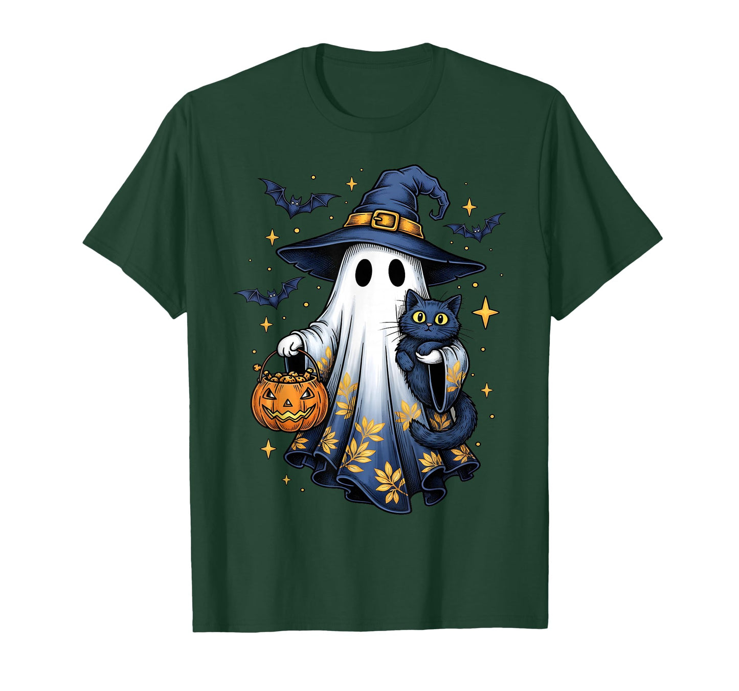 Halloween Ghost Witch Holding Black Cat Funny Halloween T-Shirt