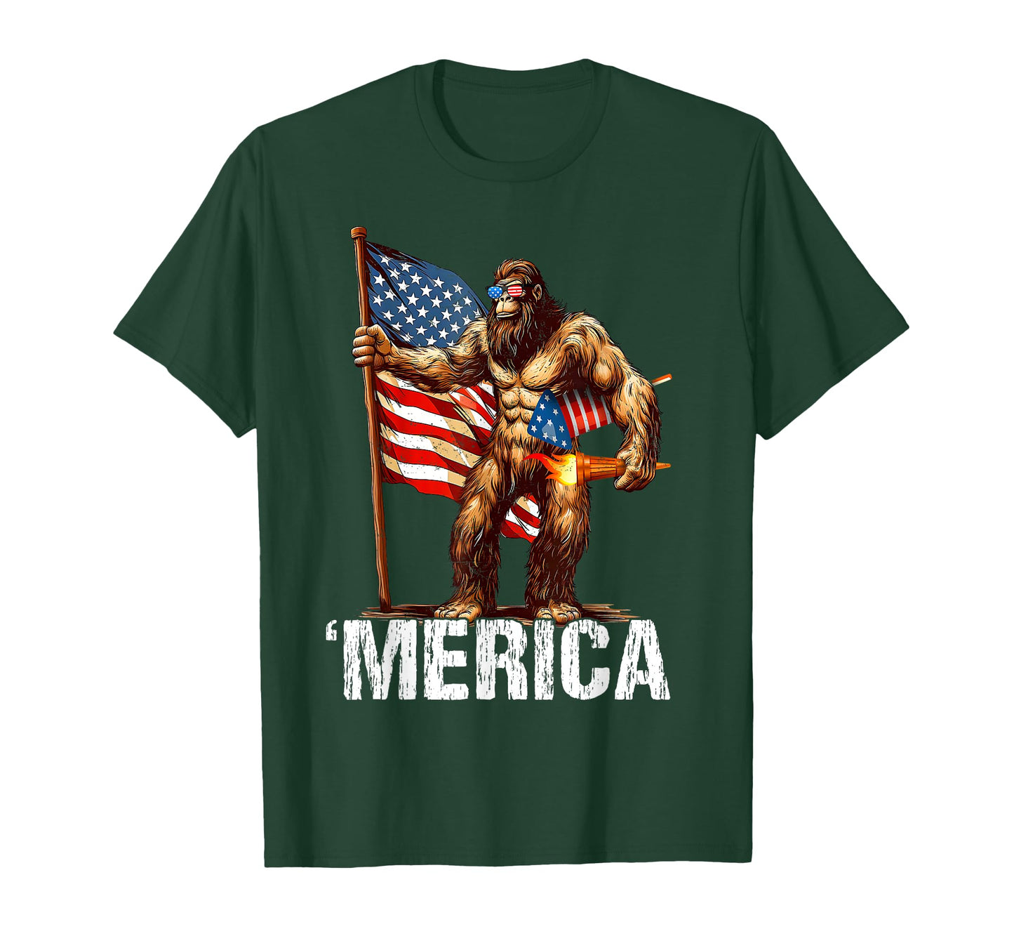 Bigfoot Merica Rock American Flag Patriotic 4th Of July T-Shirt