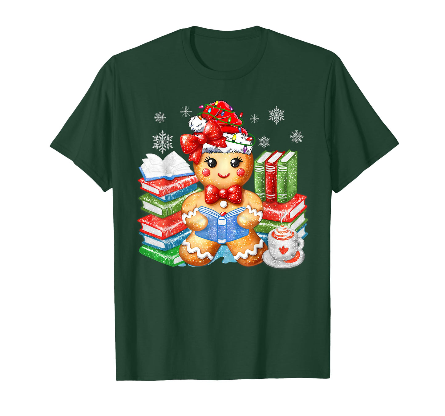 Christmas Gingerbread Man Reading Book Snowflake Teacher T-Shirt