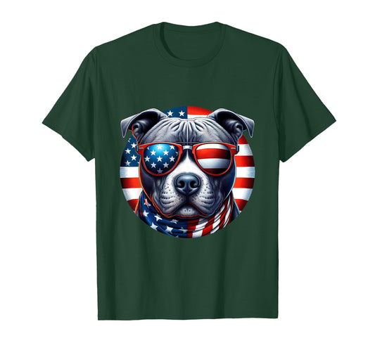4th of July Pit Bull Wearing Sunglasses American Flag Bully T-Shirt