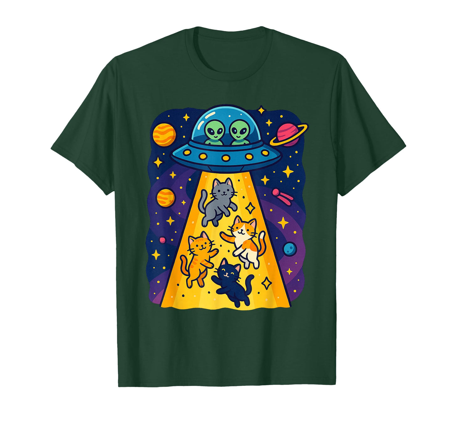 Cute Cats Alien Abduction UFO Spaceship For Girls Boys Kids T-Shirt