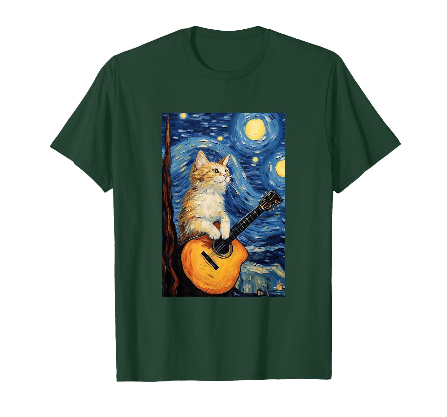 Cat Playing Guitar - Van Gogh Style - Starry Night T-Shirt