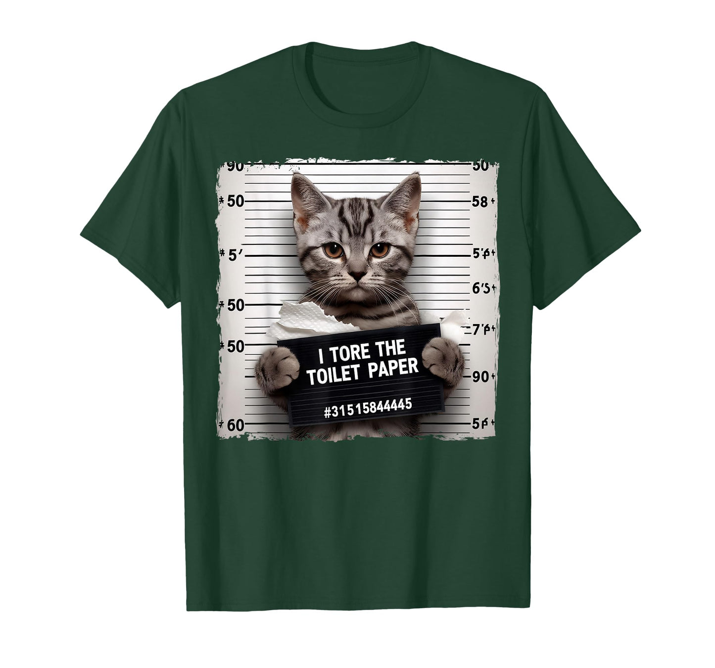 Funny Grey Cat Mugshot I Tore The Toilet Paper Humor T-Shirt
