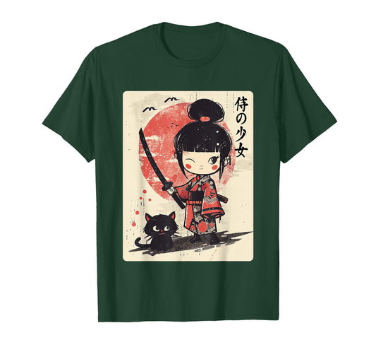 Cute Kawaii Samurai Girl with Katana & Cat Japanese Anime T-Shirt