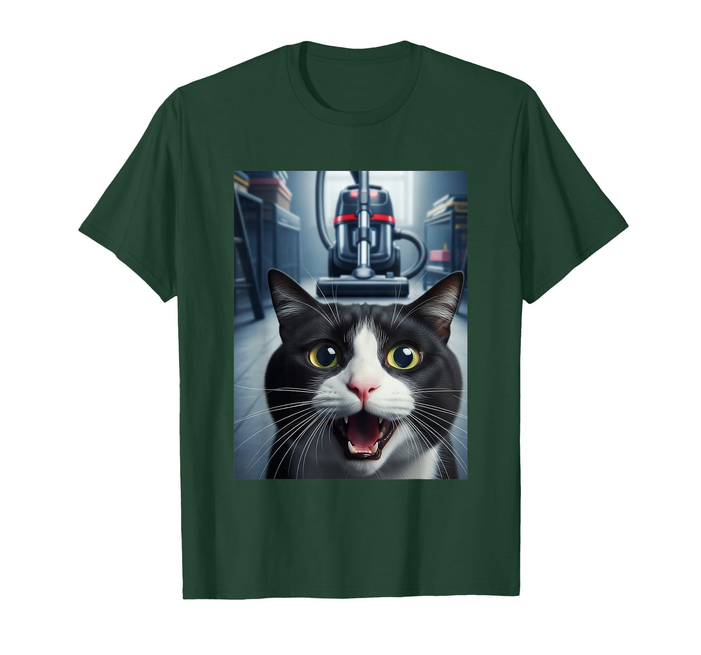 Funny Tuxedo Cat Selfie with Vacuum Chase Meme T-Shirt