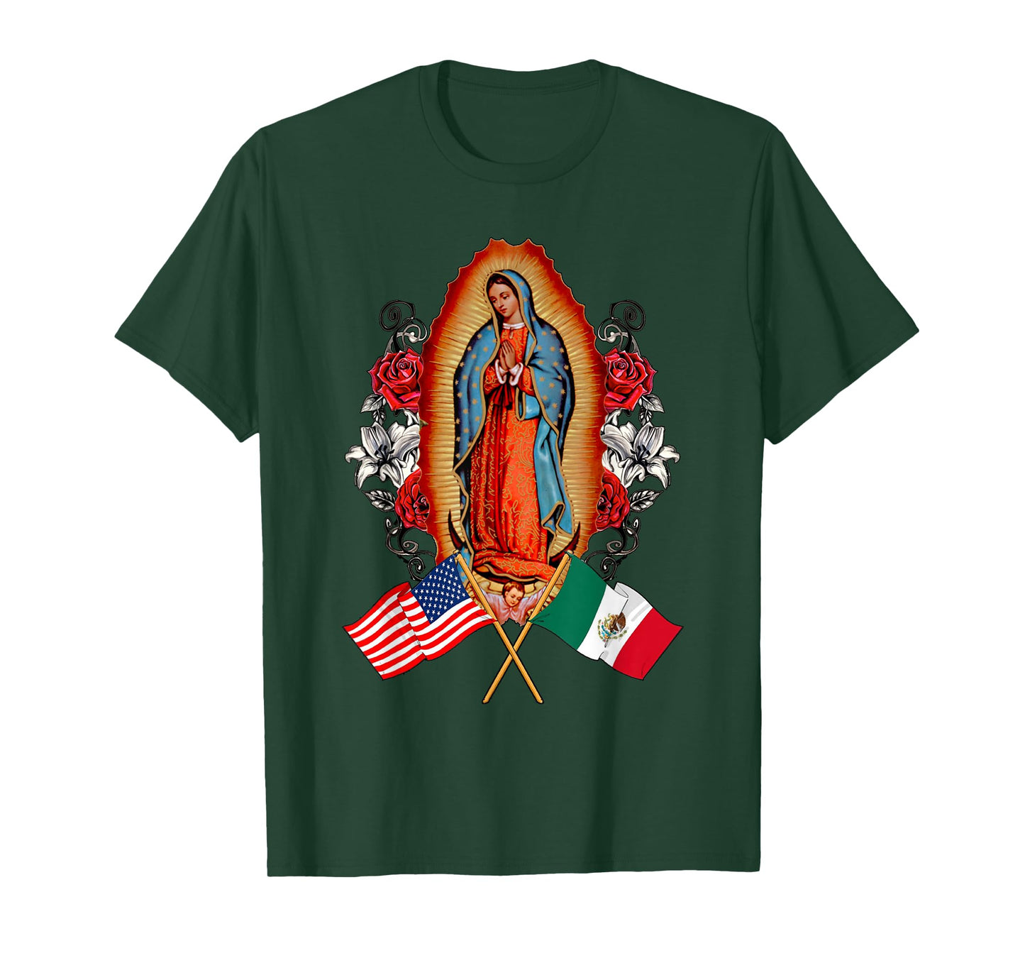 Our Lady Virgen De Guadalupe Mexican American Flag T-Shirt