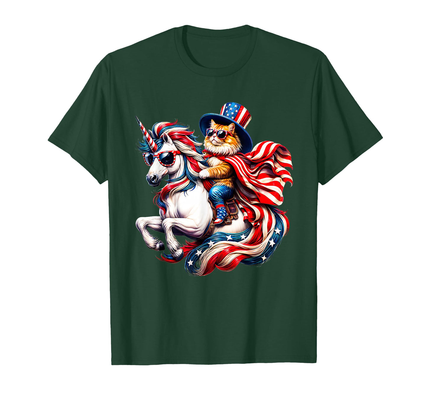 Cat Riding Unicorn USA Flag Patriotic 4th of July T-Shirt