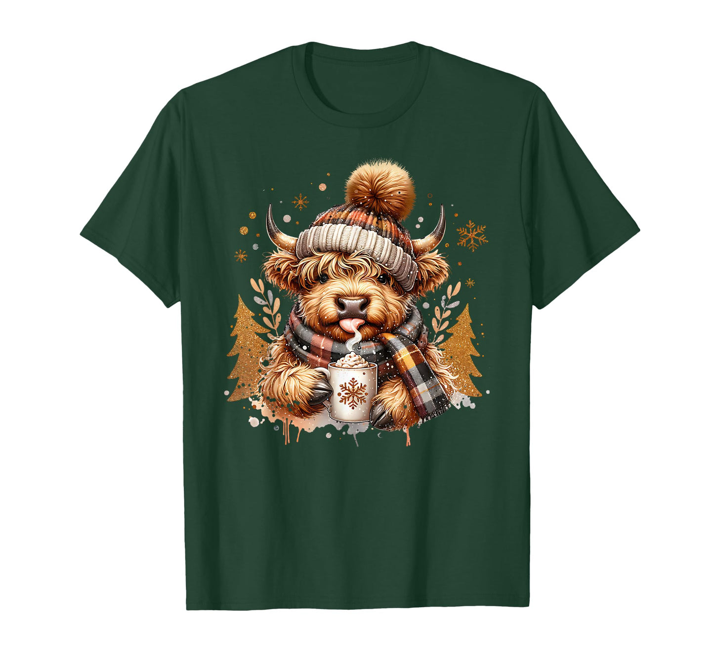 Cute Highland Cow Drinking Coffee Latte Winter Christmas T-Shirt