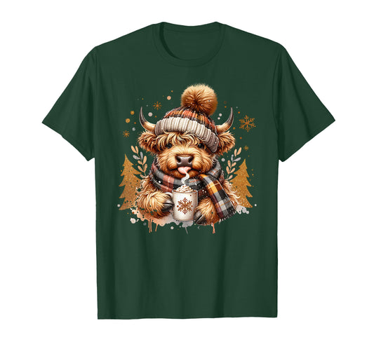 Cute Highland Cow Drinking Coffee Latte Winter Christmas T-Shirt