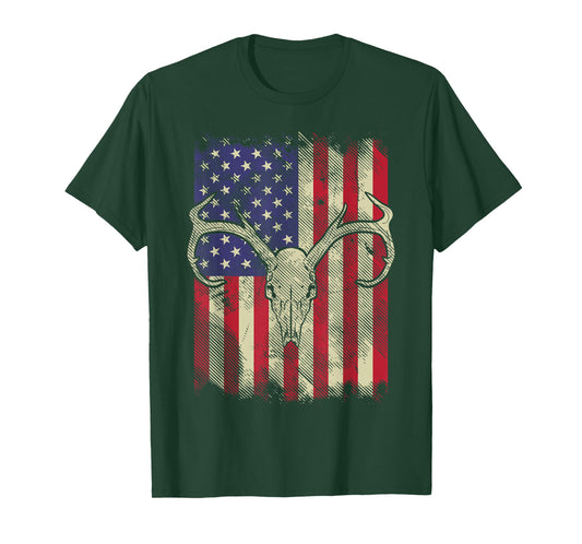 Deer Skull American Flag Hunting Vintage USA Hunter Gift T-Shirt