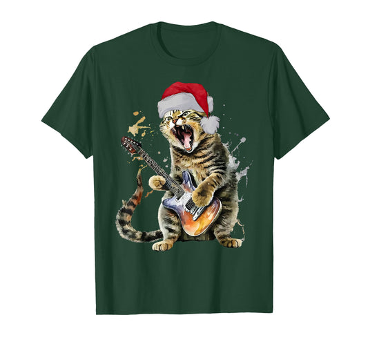 Christmas Cat Playing Guitar Musician Band Cat Lover T-Shirt
