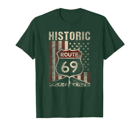 Historic Route 69 Americana USA Flag Funny Graphic T-Shirt