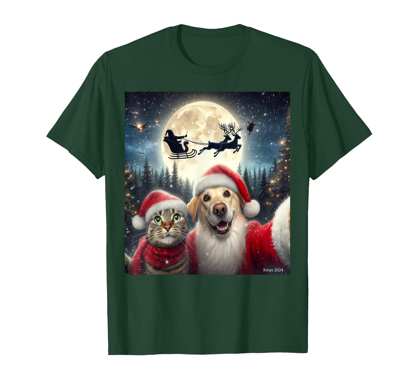 Funny cat and dog selfie with Santa Claus Christmas xmas eve T-Shirt for Men Women Kids