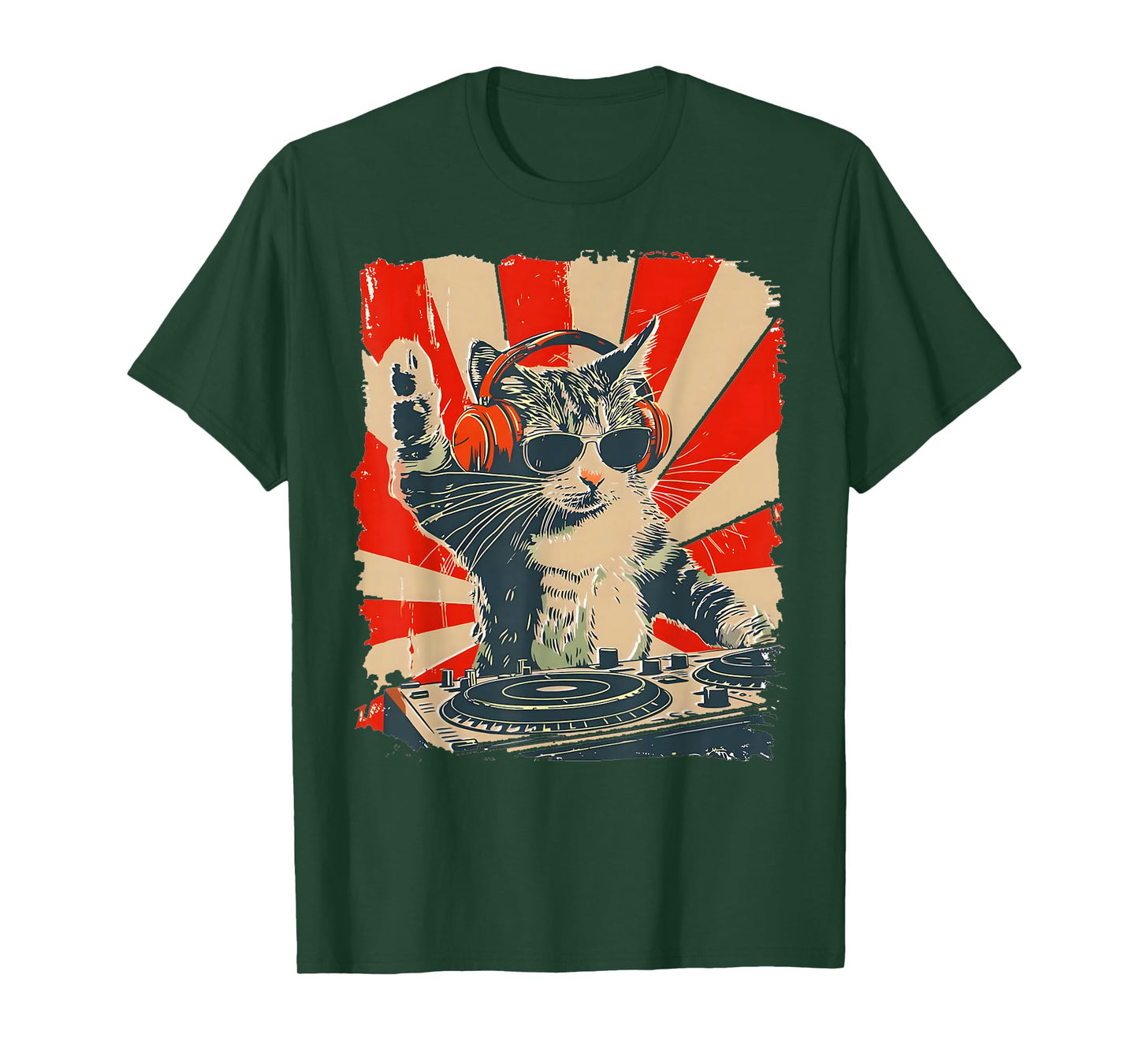 Funny DJ Cat with Headphones Retro Music Lover Art T-Shirt