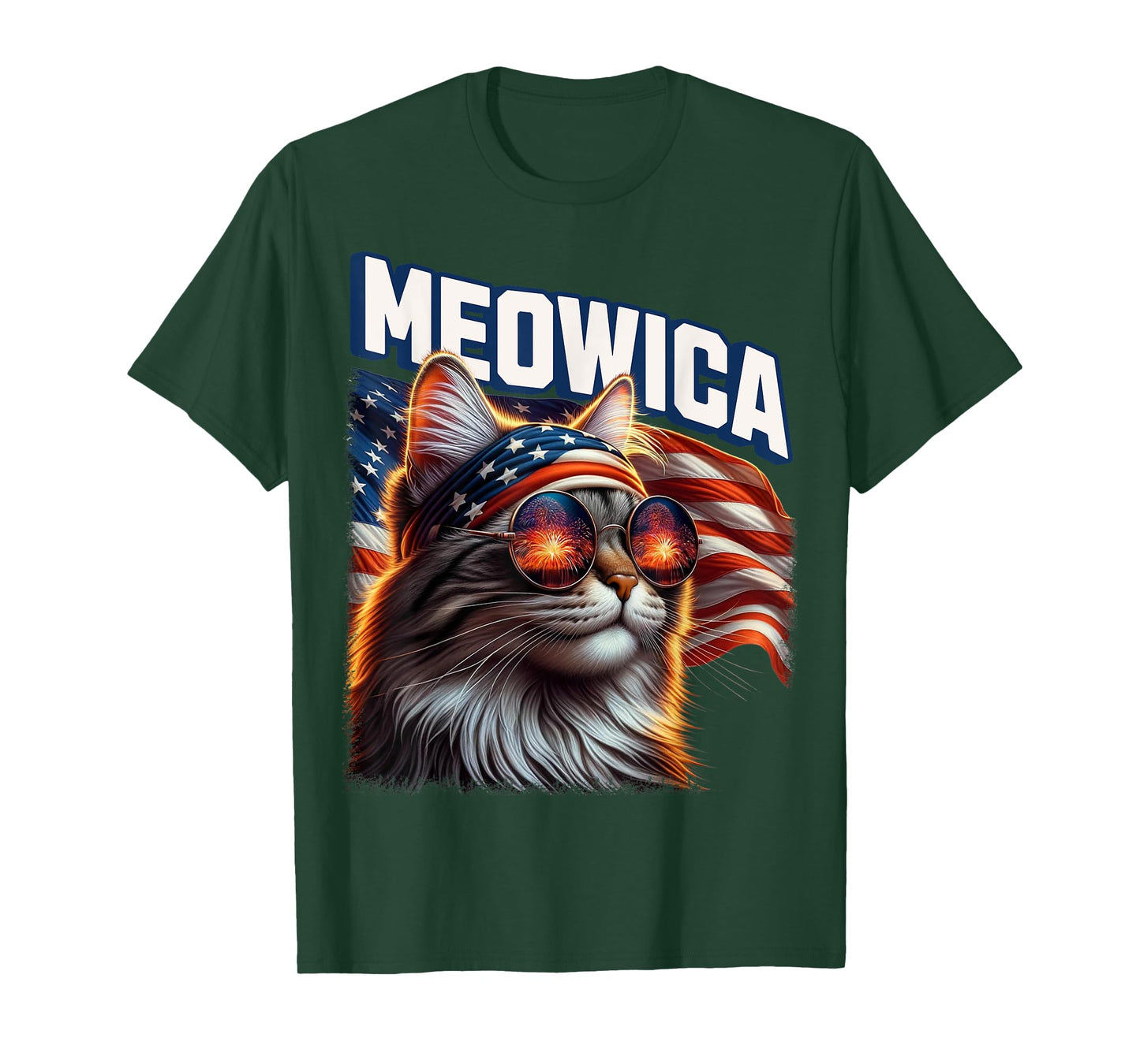 Meowica 4th of July Patriotic Cat American Flag 4th of July T-Shirt for Women Kids Men