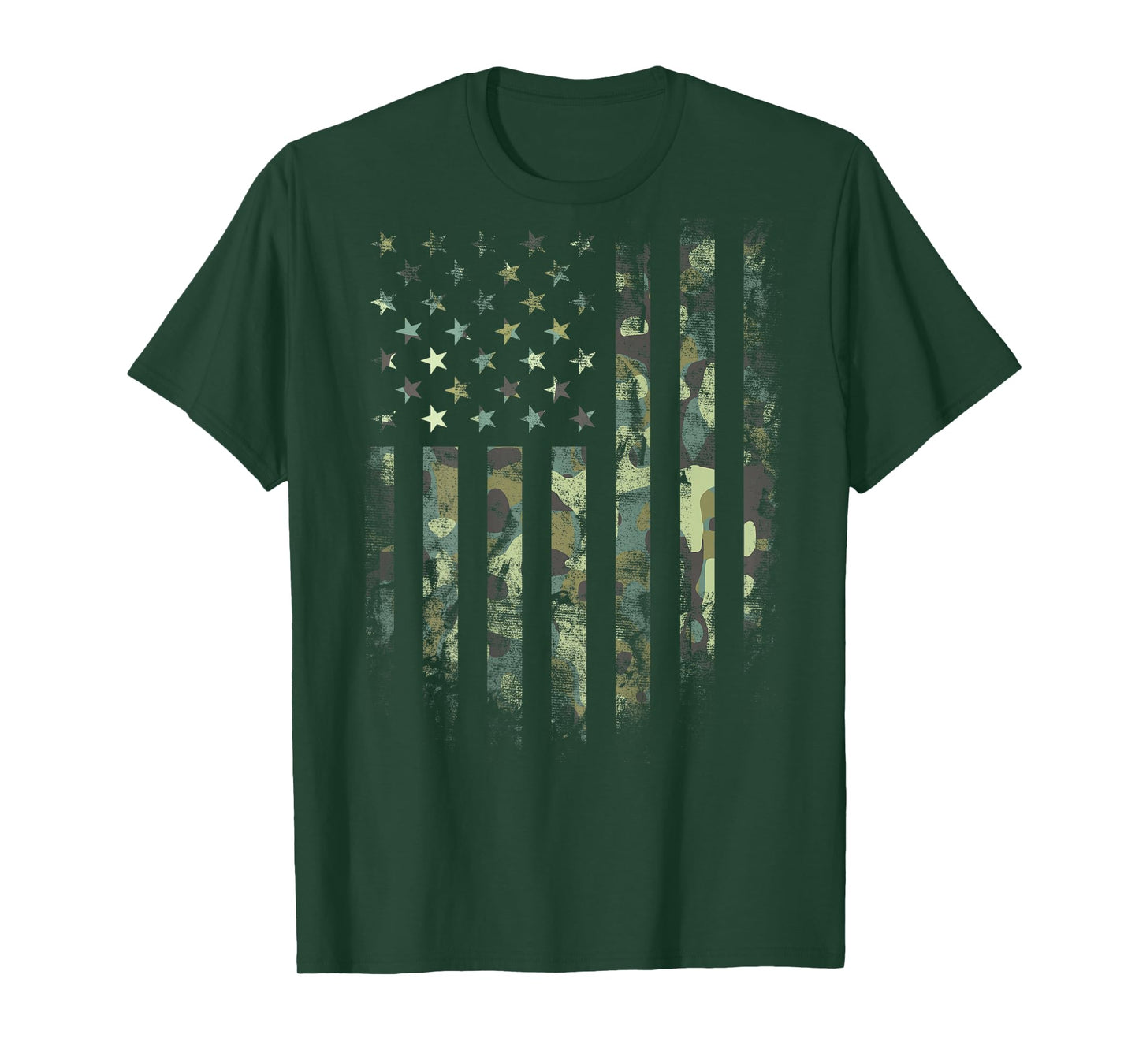 (Art on Back) American Flag Green Camo Camouflage T-Shirt
