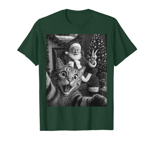Christmas Santa Claus Merry X-Mas Funny Cat Selfie Men Women T-Shirt