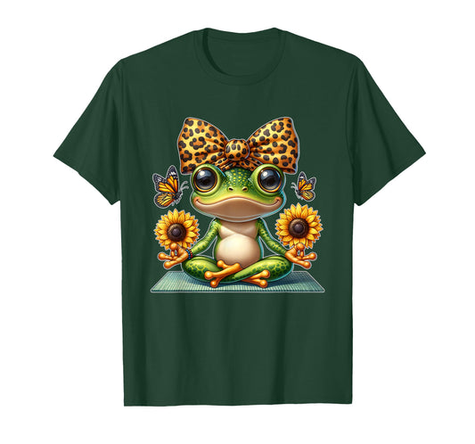 Cute Frog Yoga with Sunflowers and Butterflies T-Shirt