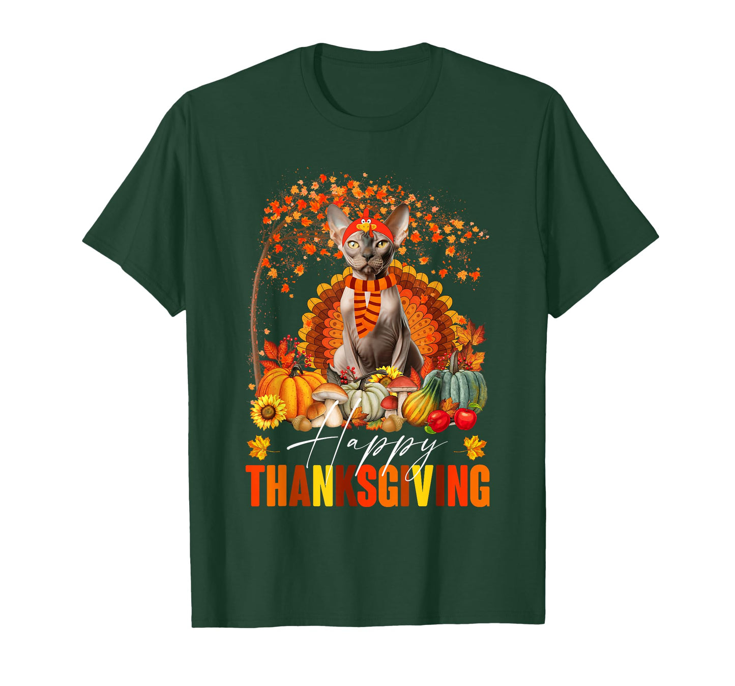 Funny Sphynx Cat In Turkey Costume Happy Thanksgiving Day T-Shirt