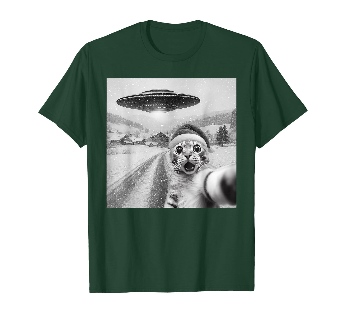 Cat Taking A Selfie UFO Merry Christmas Xmas Pajamas Holiday T-Shirt