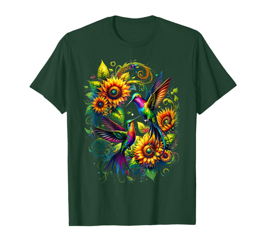 Colorful Hummingbird Sunflower Birds Watching Art Women Men T-Shirt