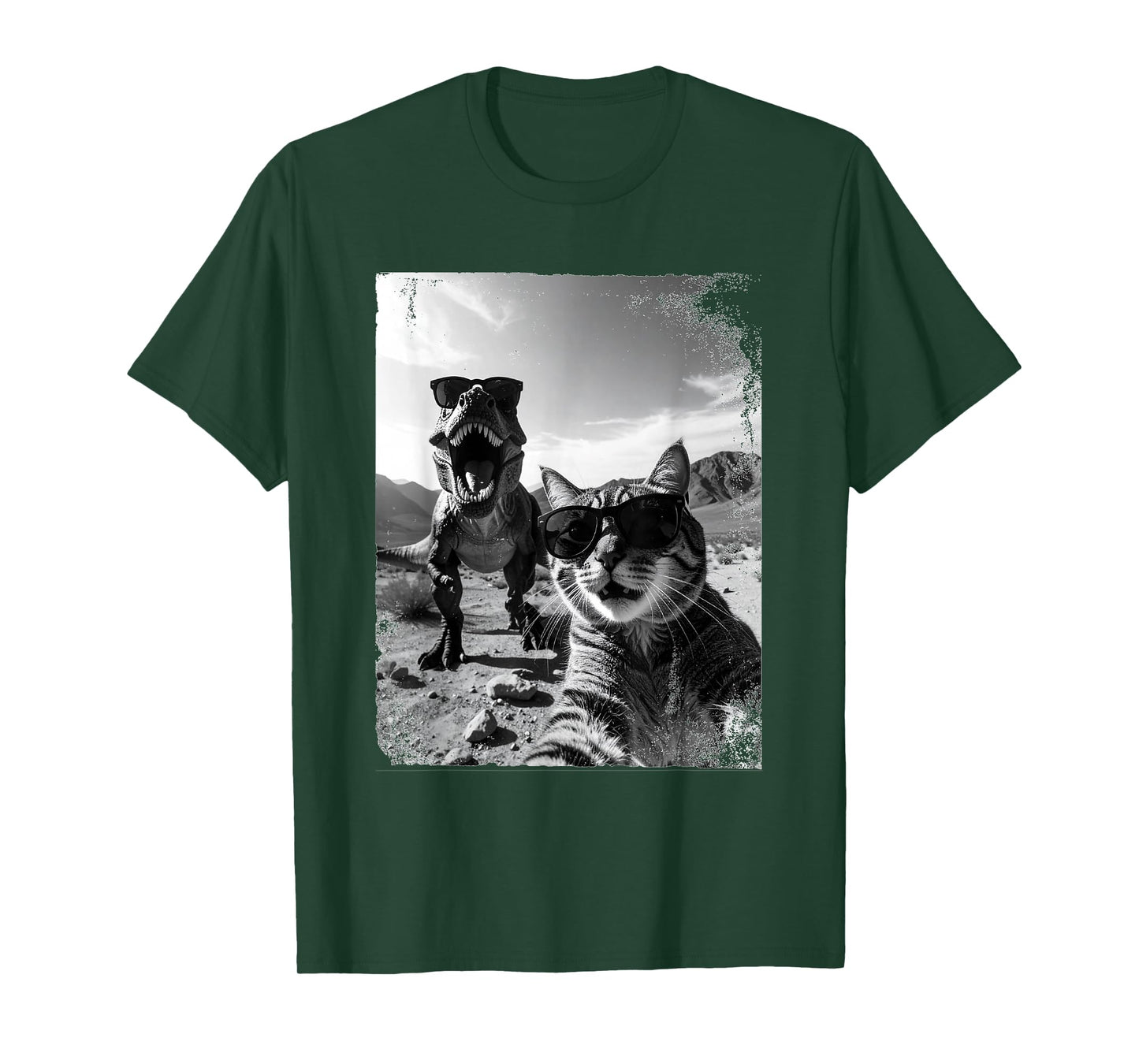 Funny Cat and T-Rex Wearing Sunglasses Selfie Humor T-Shirt