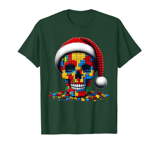 Christmas Skull Santa Hat Block Bricks Master Builder T-Shirt