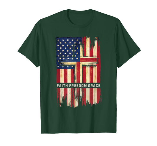 American Flag with Christian Cross Faith, Freedom, Grace T-Shirt