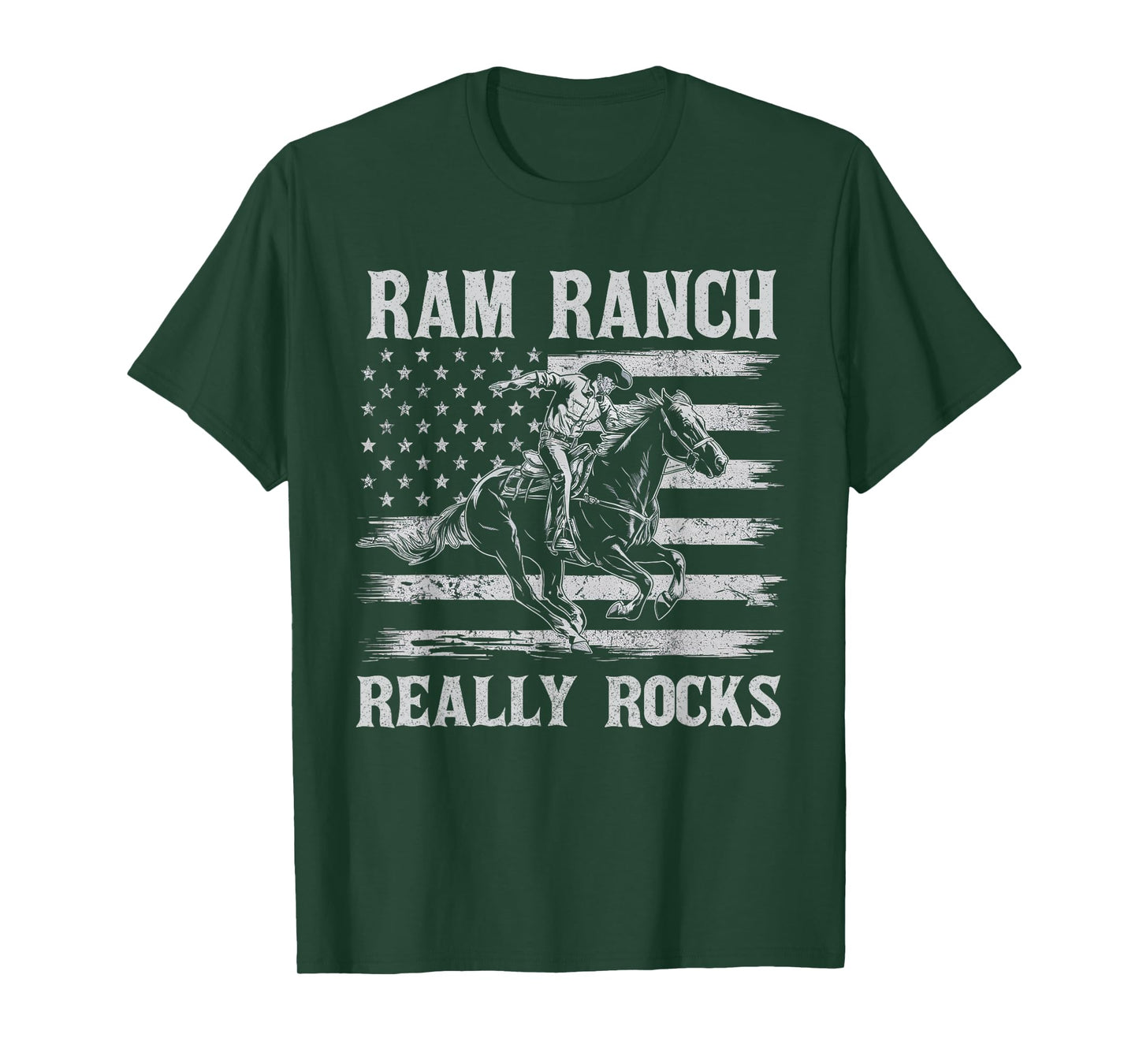Ram Ranch Really Rocks Cowboy Horseback Vintage USA Flag T-Shirt