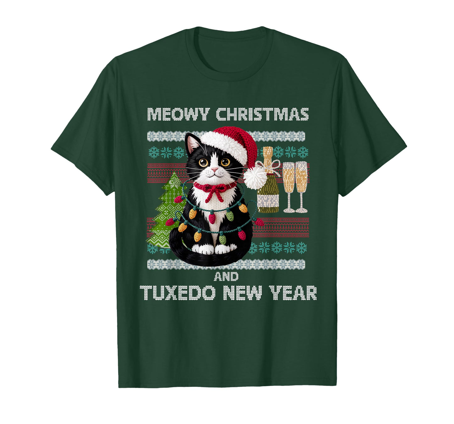 Meowy Christmas Funny Tuxedo Cat Santa Hat Ugly Sweater T-Shirt