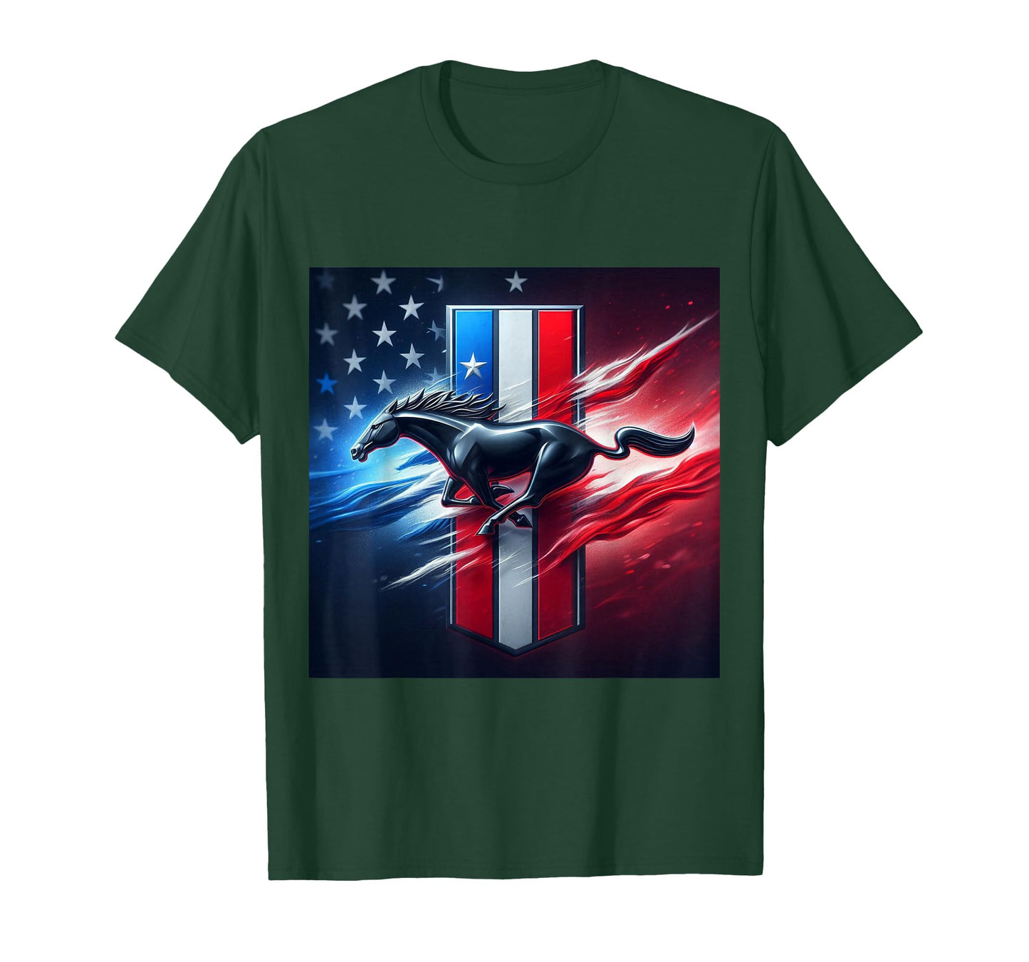 Galloping Mustang on Tri-Bar & Flag Background T-Shirt