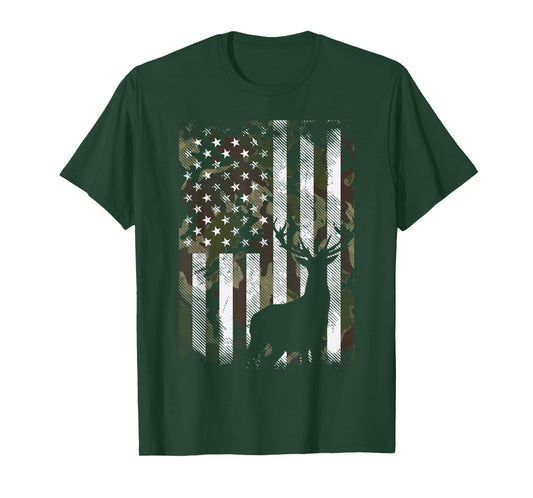 Camo US Flag Deer Elk Buck Camoflage Hunting Hunter Dad Gift Short Sleeve T-Shirt
