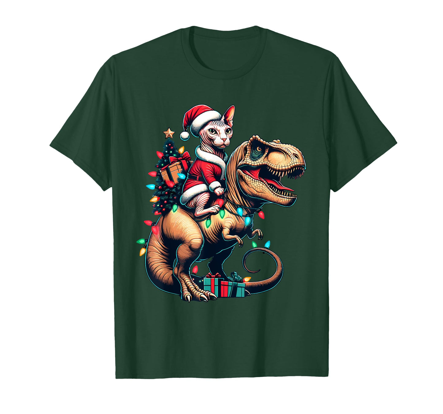 Funny Sphynx Cat Rides Santa T-Rex Vintage Christmas Sphynx T-Shirt for Men Women Kids