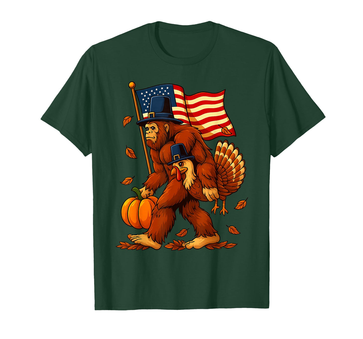 Funny Bigfoot Turkey Thanksgiving American Flag Pumpkin Fall T-Shirt