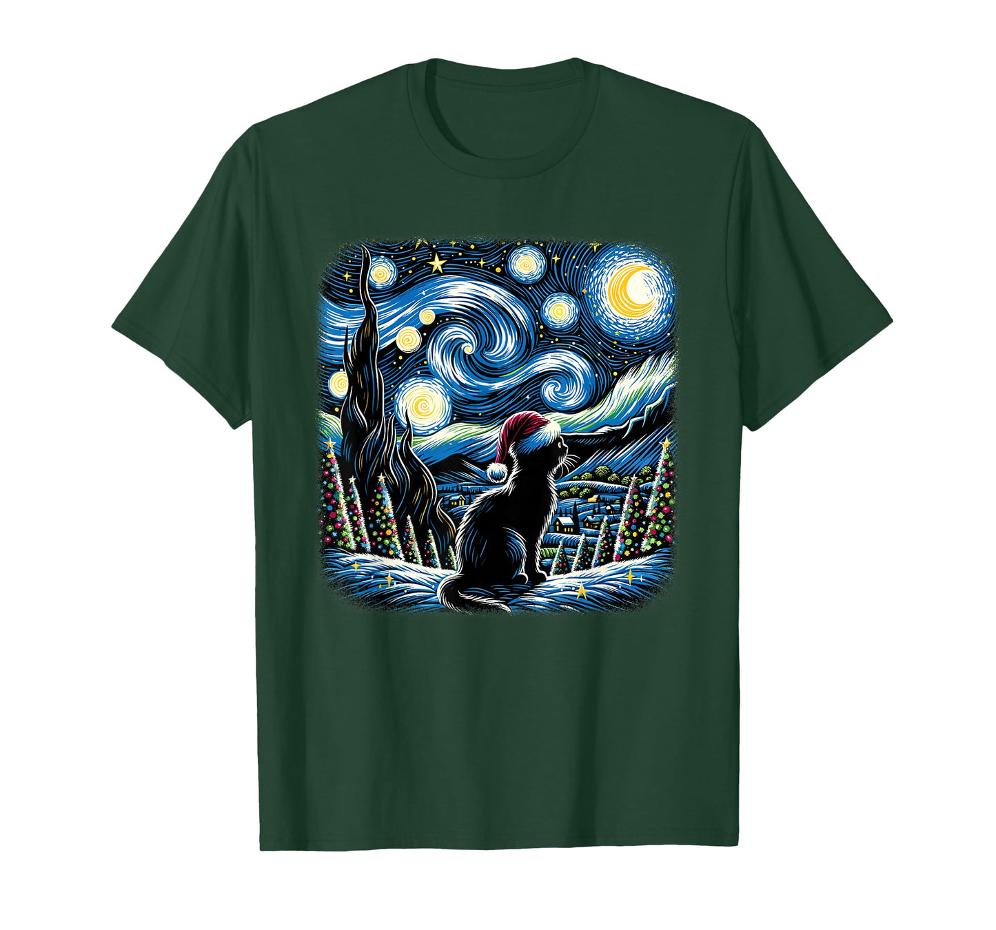 Van Gogh Starry Night Festive Christmas Black Cat Santa Hat T-Shirt