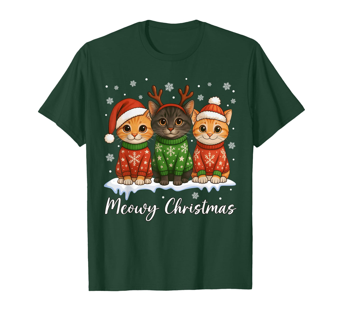 Cat Christmas Light Reindeer Santa Christmas Cat Lover T-Shirt