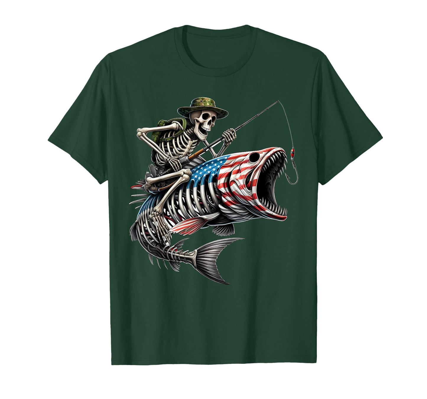 Fishing American Flag Bass Fish Skull Skeleton Fisherman T-Shirt
