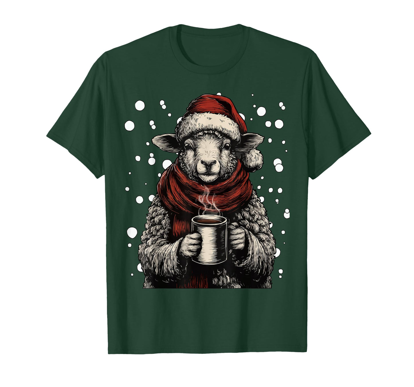 Cute Christmas Sheep Santa Hat Coffee Lover Funny Winter T-Shirt