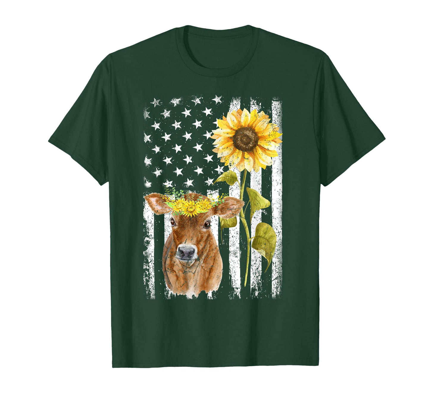 Cow USA Flag Sunflower Cow Lover Women Girls Kids Men T-Shirt