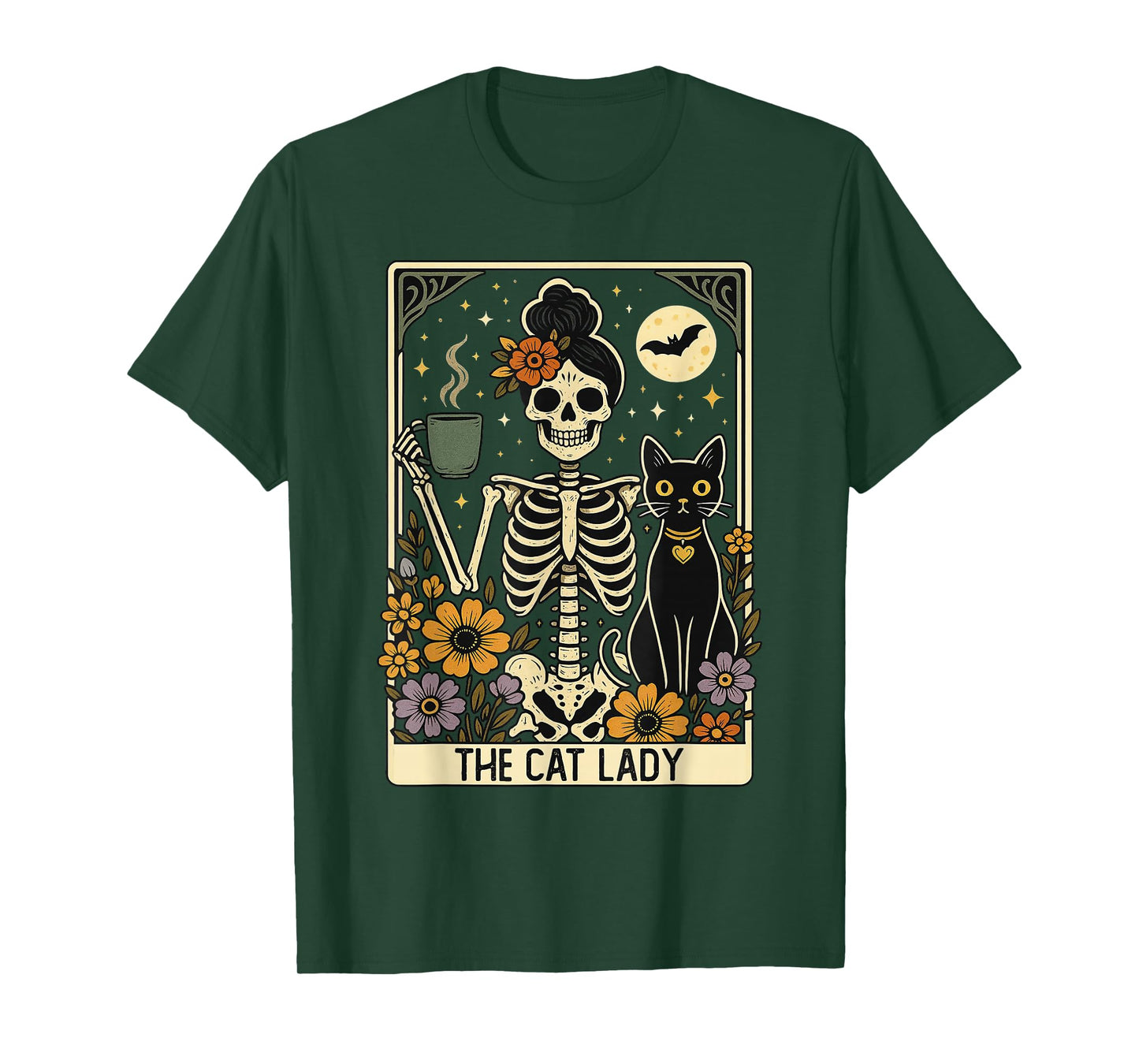 Mystic Skeleton The Cat Lady with Coffee Tarot Card Vibes T-Shirt