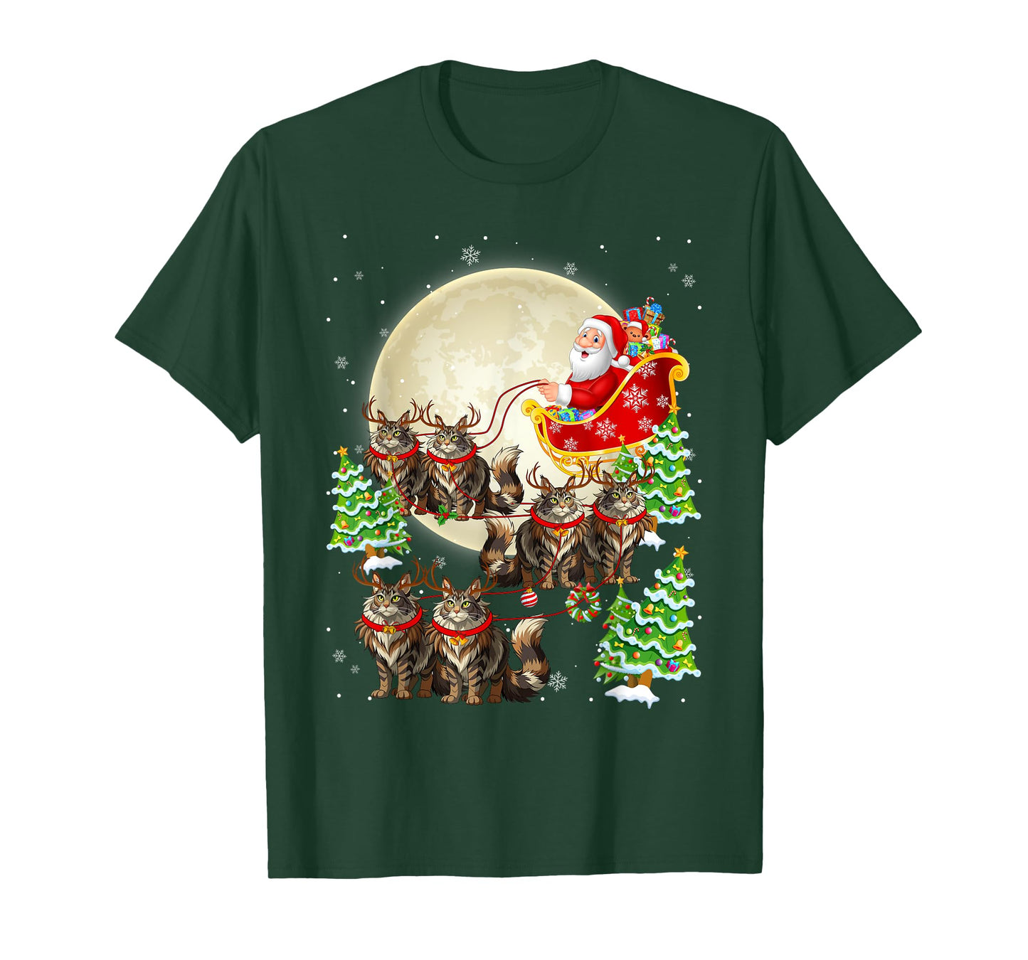 Funny Maine Coon Cat Reindeer Santa Sleigh Merry Christmas T-Shirt