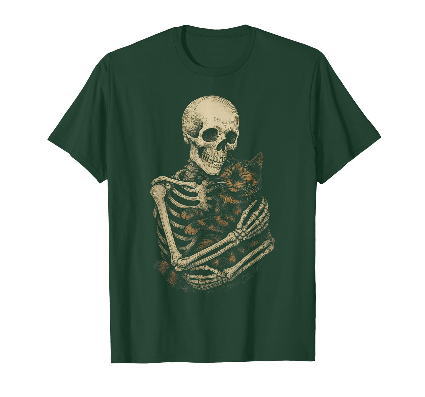 Skeleton Hugging Tortoiseshell Cat Funny Halloween T-Shirt