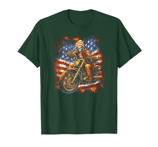 US Flag Motorcycle Skeleton Biker 4th July American T-Shirt