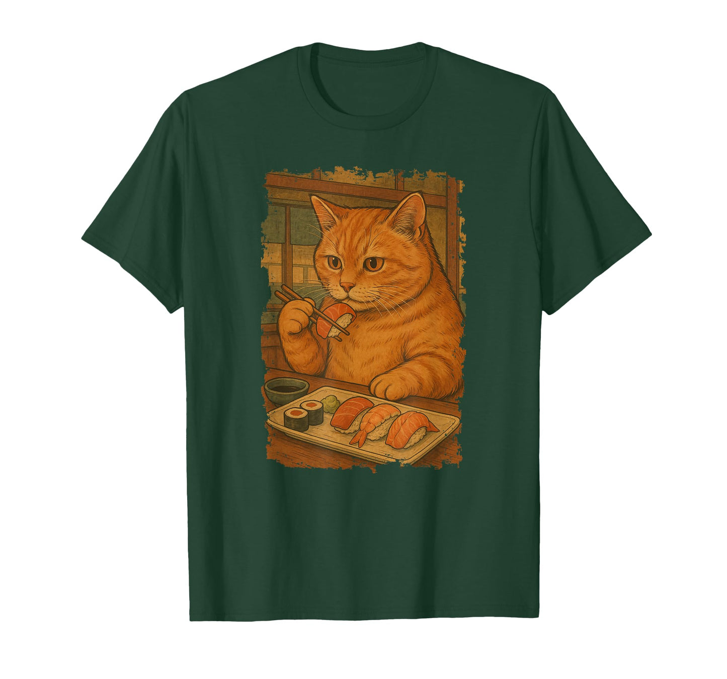 Orange Tabby Cat Eats Sushi Japanese Vintage T-Shirt